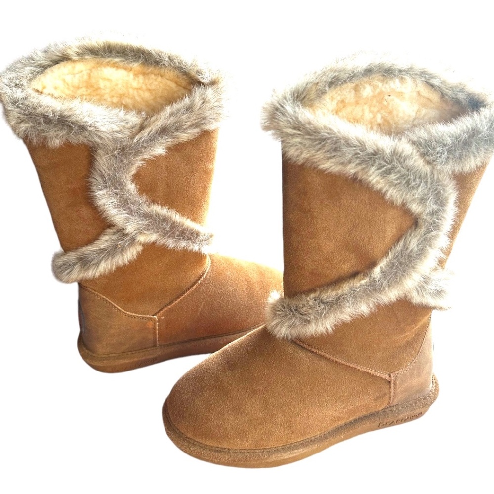 BearPaw Tan Suede Tall Faux Fur Boots Size 6